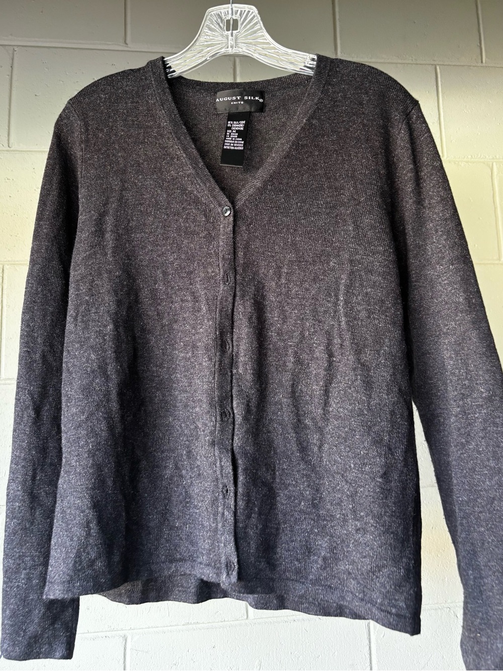 August Silk Women’s Charcoal V-Neck Button Sweater Silk and Cashmere M
